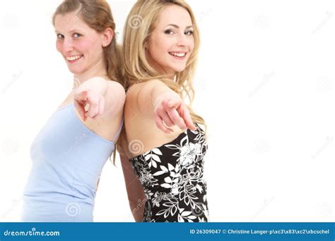 ladies  fun pointing  camera stock image image  smiling