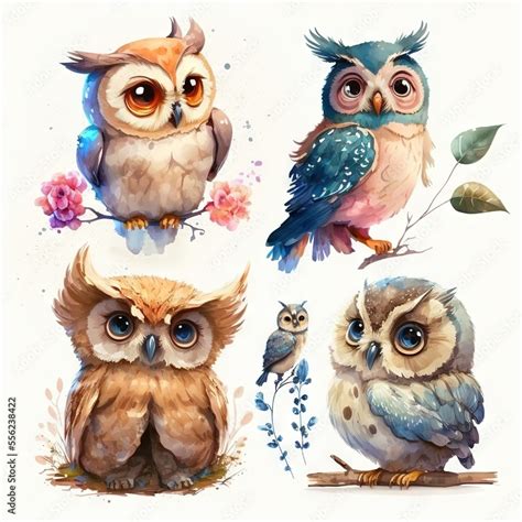 a group of owls sitting on top of a tree branch next to flowers and ...