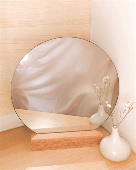 Round Mirror Wooden Base, Mirror Real Glass, Table Top Decor, Glass