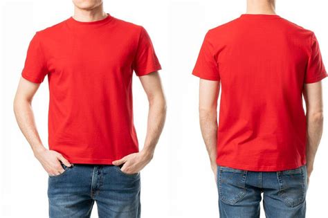 Red casual blank t shirt on man front and back view isolated on white ...