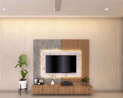 spacious tv unit design  wooden panels livspace