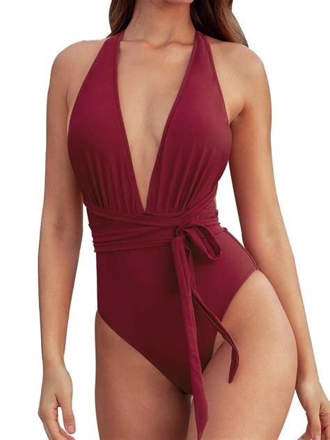 Cupshe Women's Red One Piece Swimsuit, Deep V Neck Tie-Front Belt