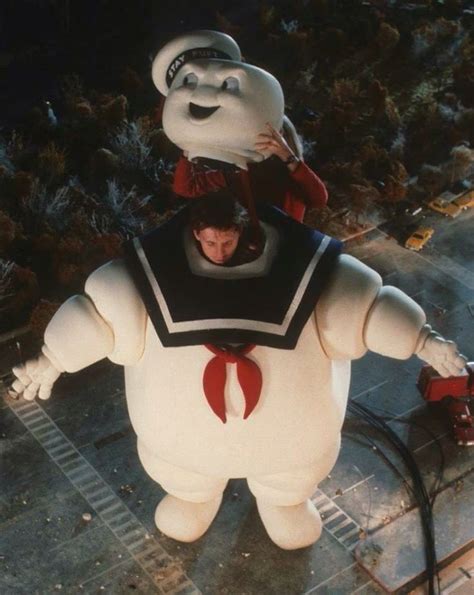 The Stay Puft Marshmallow Man has his head put on before filming scene ...