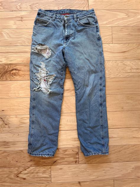distressed ripped work jeans  lining vintage wrangler  etsy