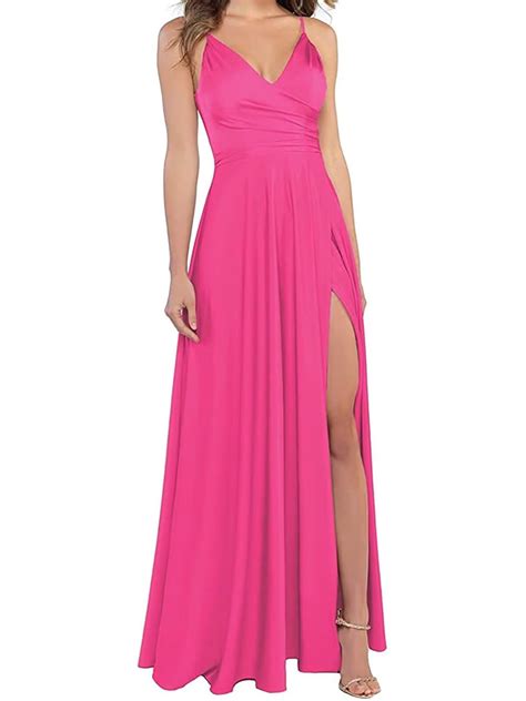 Lindo Novia Hot Pink Satin Bridesmaid Dresses for Women Spaghetti