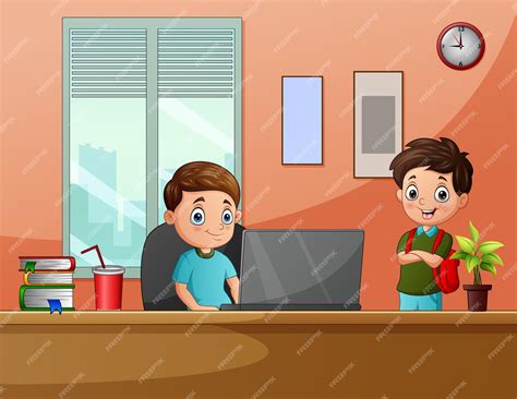 Мультфильм детей, играющих с компьютером за столом | Премиум векторы