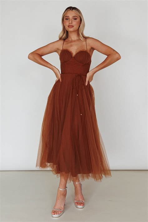 Shop the Smitten Sweetheart Neckline Chiffon Midi Dress Chocolate