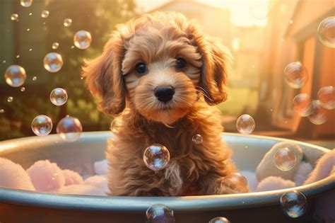 Premium AI Image | Cute puppy bathes in a bath with foam and soap