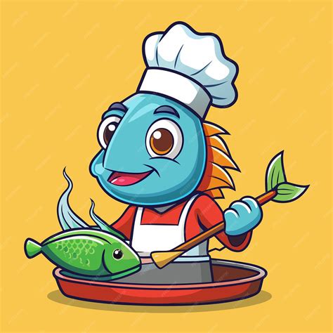 Humorous Cartoon Depiction of Cooking Fish on a Pan with Whimsical