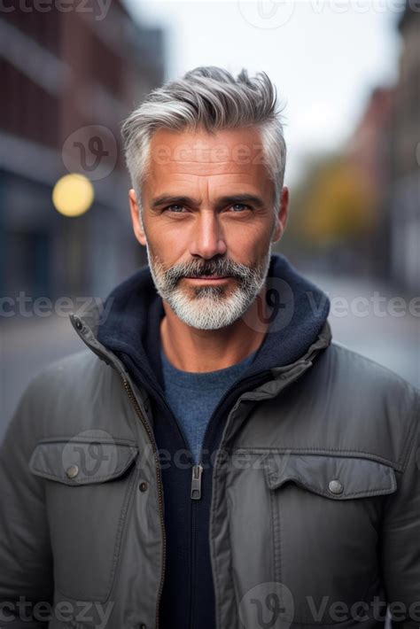 Portrait of an handsome mature man in casual attire on a city street