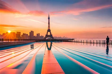 Premium AI Image | A view of the eiffel tower from the pier at sunset