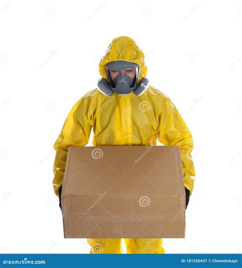 Man Wearing Chemical Protective Suit with Cardboard Box on Background