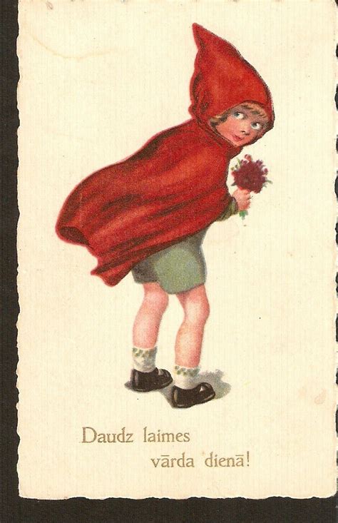 Greetings with Name Day, Latvian postcard | Red raincoat, Antique ...