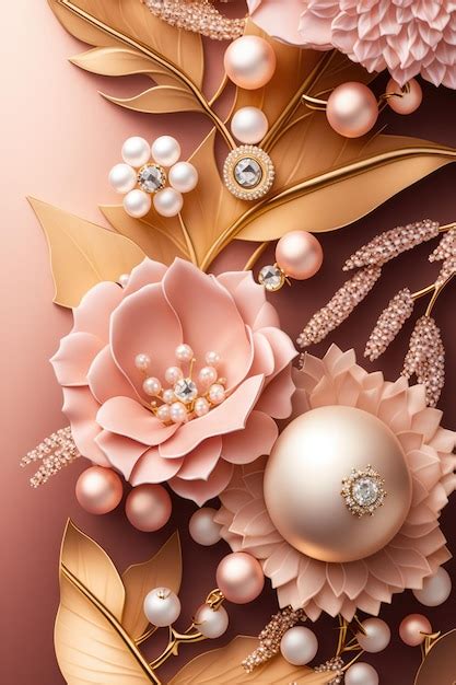 Premium Photo | Pink floral background with gold flowers and pearls.