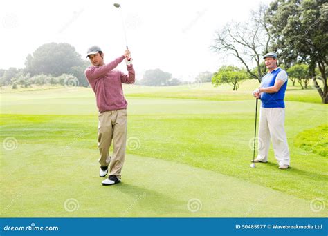 golfer swinging driver  tee box royalty  stock photo