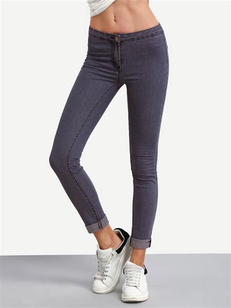 Low Rise Roll Hem Skinny Jeans -SheIn(Sheinside)