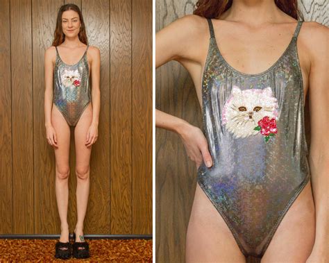 Black Rainbow Holographic Metallic Kitty Cat Lover Hi Cut High Leg Side