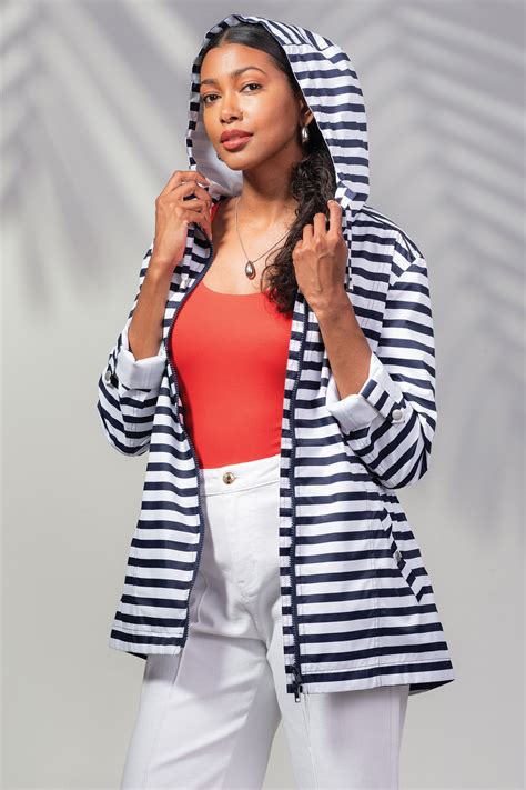 Alison Sheri A45430 Navy White Stripe Light Hooded Jacket – Rouge