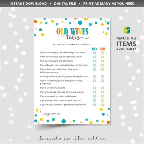 Old Wives Tales Baby Shower Game PDF Printable Gender | Etsy