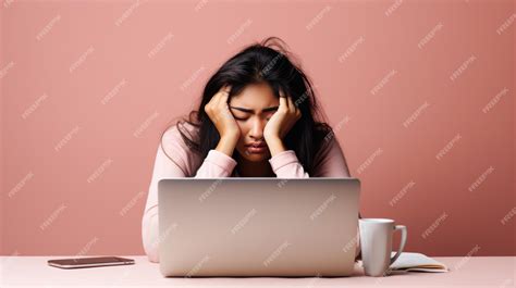 Premium Photo | Stressed woman sitting at a desk holding her head in ...