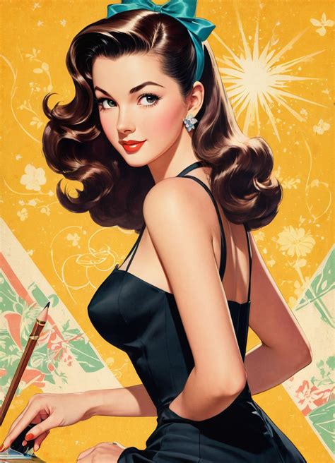 a vintage pin up poster of a beautiful 1950s woman with long brunette ...