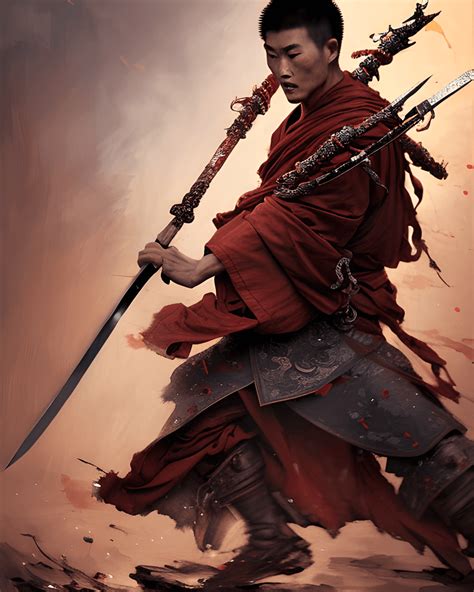 Chinese Warrior and Buddhist Monk Sheathing His Sword · Creative Fabrica