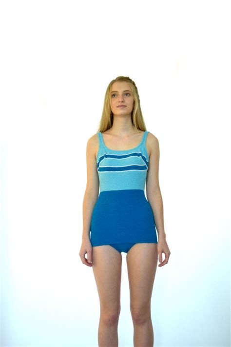 50s Jantzen Terry Cloth Sporty Stripe Blue Colorblock One Piece