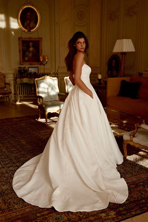 Jordan: Satin A-Line Gown with Embroidered Lace and Chapel Length Train