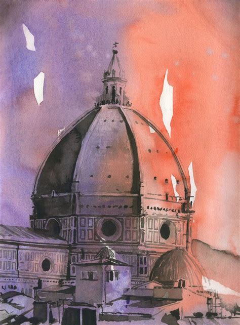 Brunelleschi's dome on the Florence Duomo- Italy. Watercolor painting Florence Duomo Painting by ...