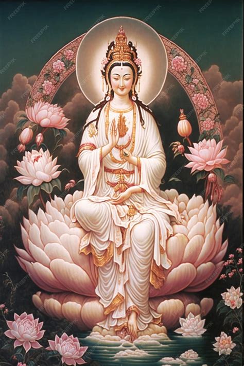 Premium Photo | A painting of a buddha with a lotus flower on the left side.