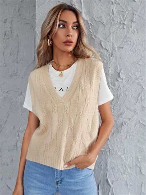 Chaleco jersey escote V tejido de cable | SHEIN How To Style A Sweater ...