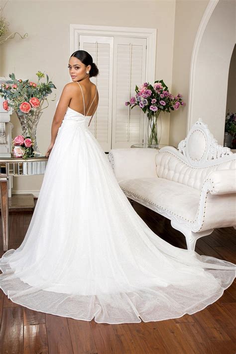 Ivory Long Spaghetti Strap Glitter Mesh Wedding Gown for $296.99 – The