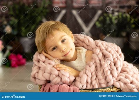 Little Toddler Child, Cute Kid with Knitted Small Cute Animal Toy ...