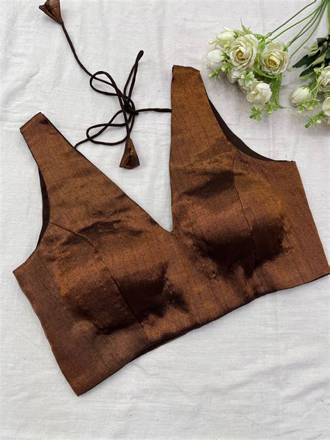 gold copper tissue mulmul  neck blouse  loom store