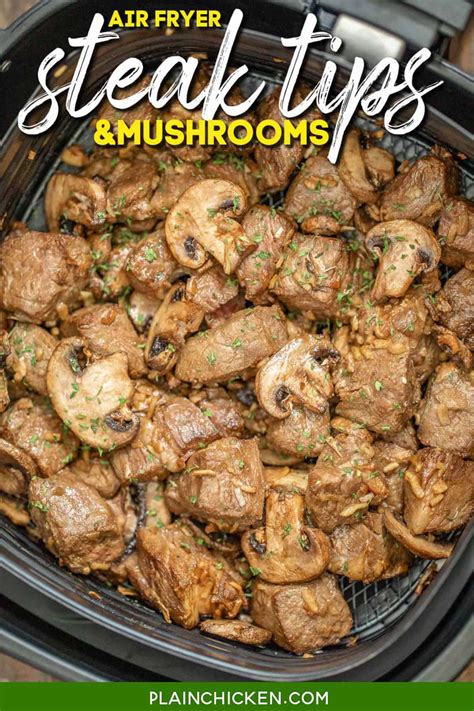 Air Fryer Steak Tips & Mushrooms - our favorite steak dinner! Only 5