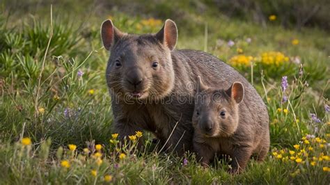 wombat love  close    mother   baby   wild stock