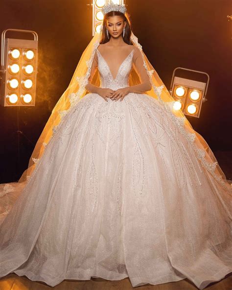 Lylah V- Neck White Embroidered Wedding Dress | Embroidered wedding