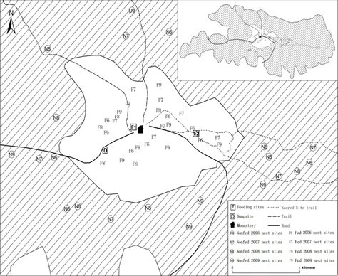 map   study area showing  monastery location feeding site