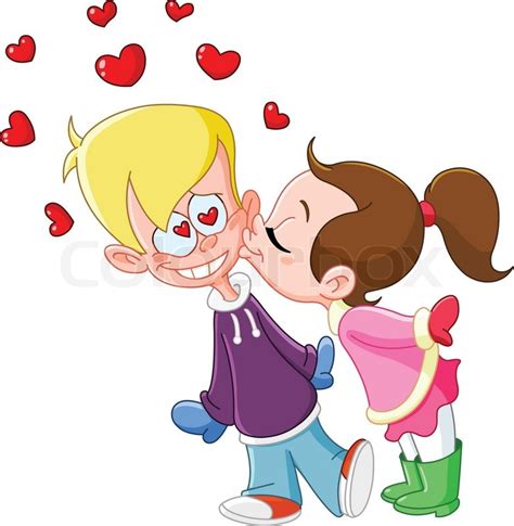 Young girl kissing boy on cheek | Stock vector | Colourbox