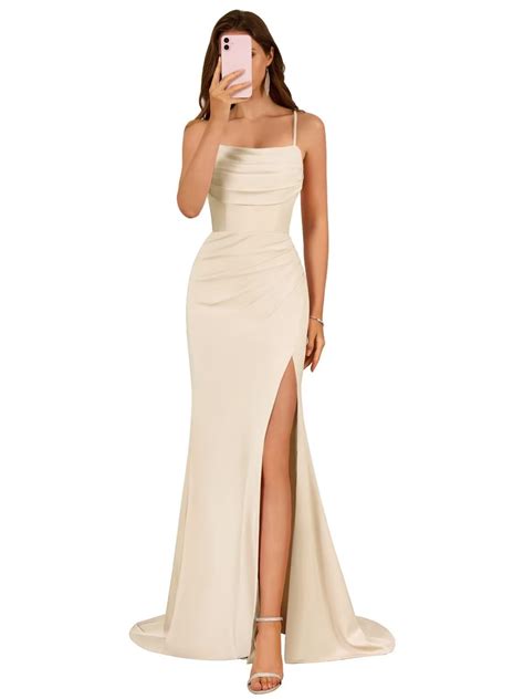KNCERY Women's Champagne Satin Bridesmaid Dresses Long 2025 Spaghetti