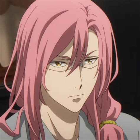 an anime character with pink hair looking at the camera