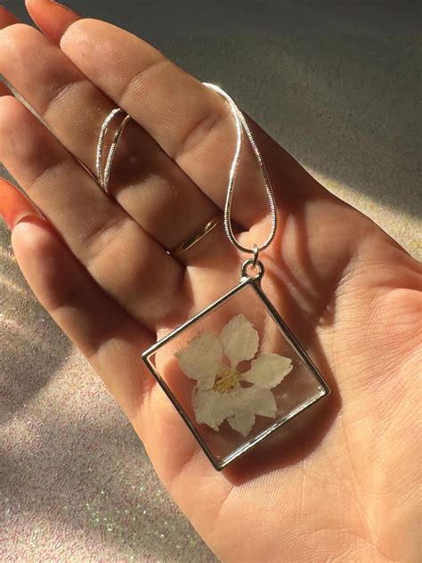 real pressed white flower resin pendant necklace etsy