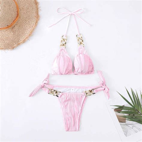 pstuiky Bikini, Women Solid Color Lace up Tops Thong Swimsuit Sexy