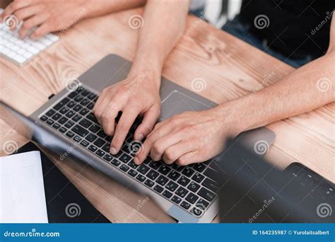 Close Up. Guy is a Student Typing on a Laptop Stock Image - Image of ...