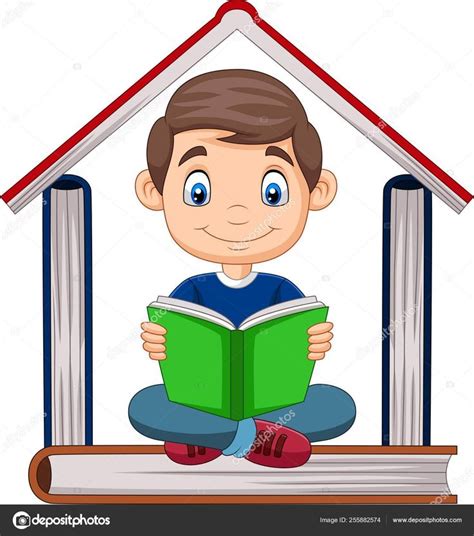 Векторная иллюстрация мультяшного мальчика, читающего книгу с грудой ...