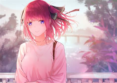 short hair, ribbon, blue eyes, 5-toubun no Hanayome, anime girls, pink hair, digital art, Nakano ...