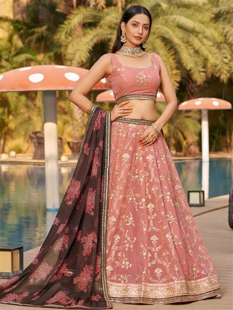 dusty pink embroidered lehenga set  floral dupatta sethnikcom