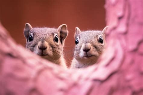 Premium Photo | Two squirrels looking out of a pink piece of paper