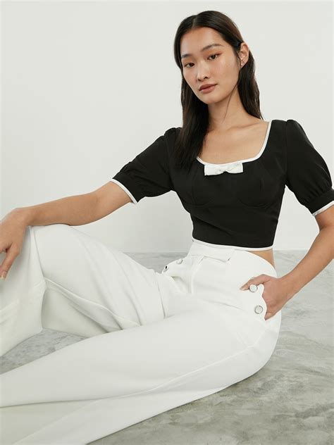 Button Wide Leg Long Pants - White - Pomelo Fashion