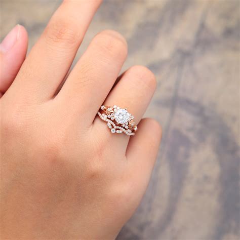 1CT Moissanite Engagement Ring Set Rose Gold Floral Wedding Ring Set